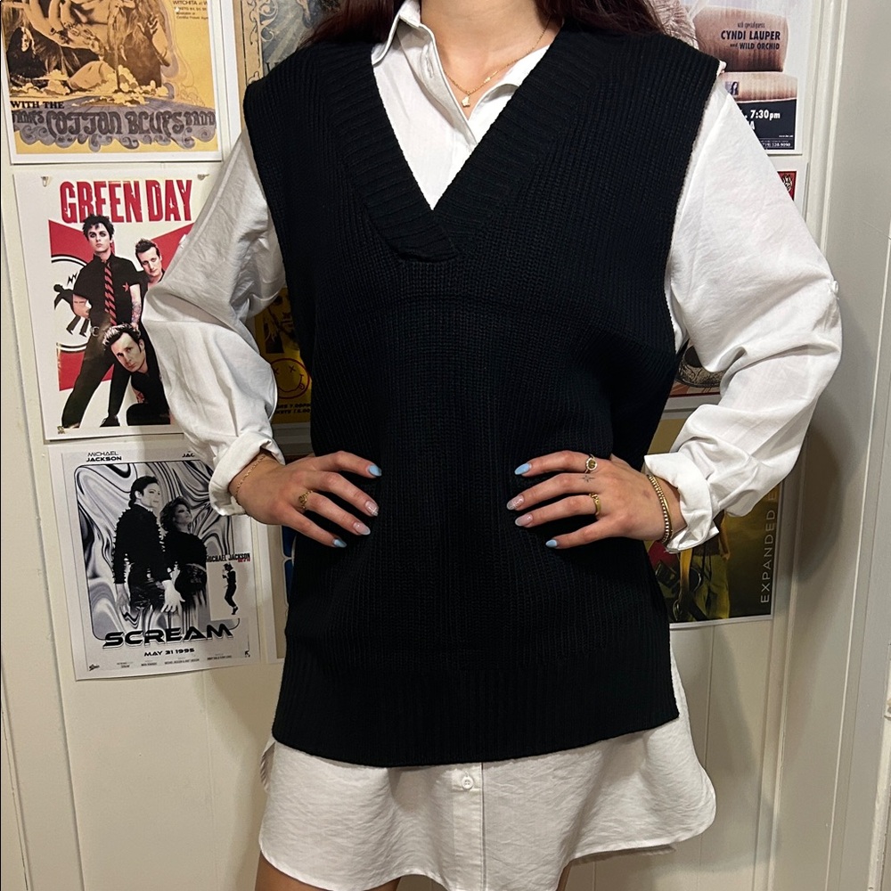 Black Long Sleeve Dress with Knit Vest
